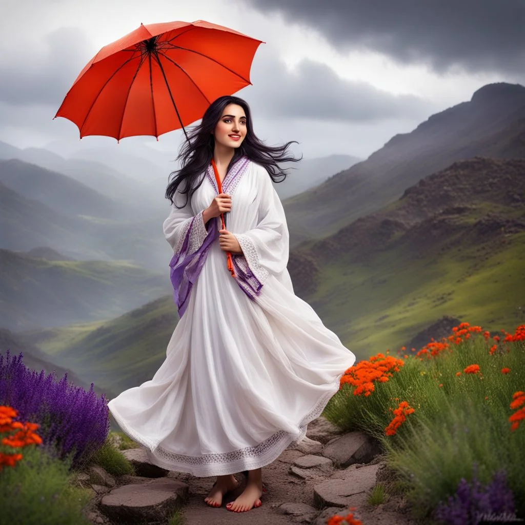 Hyper Realistic Beautiful Young Happy Pashto Woman With Beautiful-Black-Eyes-&-Black-Hair-&-A-Mole-on-Her-Face Wearing White-Frock & Purple-Shawl-With-Orange-Embroidery Carrying An Red Umbrella On Mountain-Top With Greenery & Breathtaking Cloudy-Rainy-Weather Showing Dramatic & Cinematic Ambiance