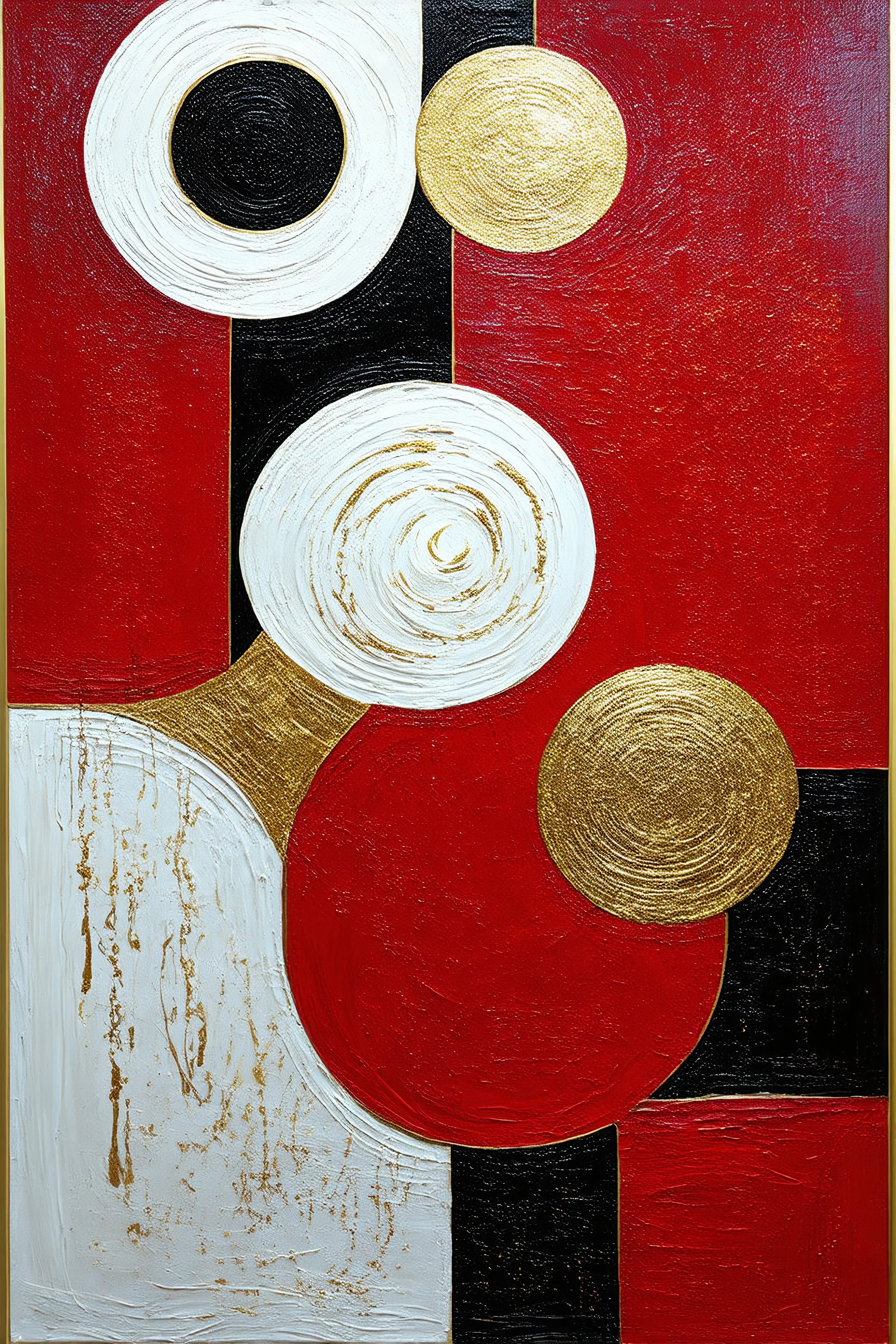 create picture of "Create an abstract painting in a vertical format, dominated by rich shades of red, white, black and shimmering gold. Emphasize textured surfaces and incorporate swirling, with golden lines, crescent-moon-like shapes. Include subtle hints of intricate, calligraphic-inspired details in black within golden big circular or oval forms."