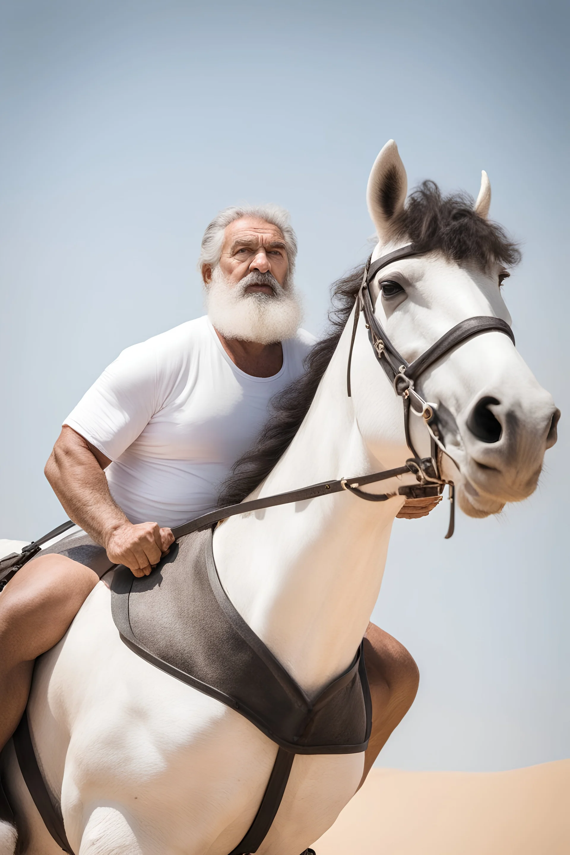 half figure shot photography of a burly arab strongman, white beard, sweat, hairy chest, 63 year old, big eyebrows, curly hair, white t-shirt, big belly, side view from the ground, riding a white horse in the desert under the sun, photorealistic, ambient occlusion