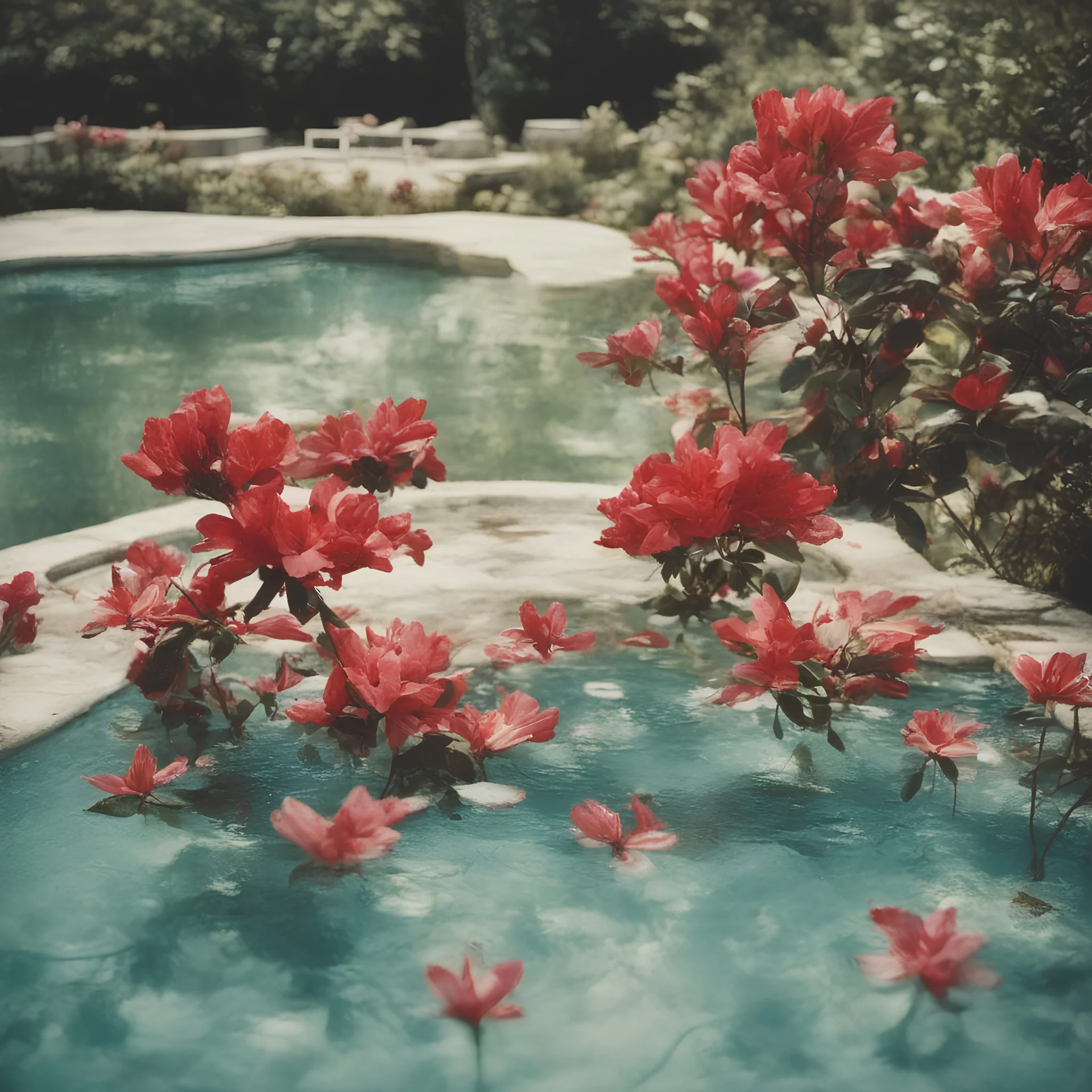 red Azalea in a swimming pool, autochrome, sunny day