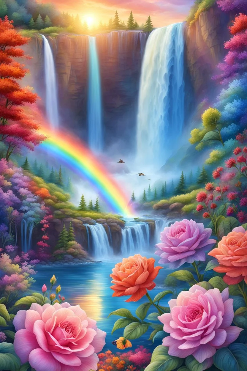 ufos rainbows, beautiful gardens , flowers, cascades