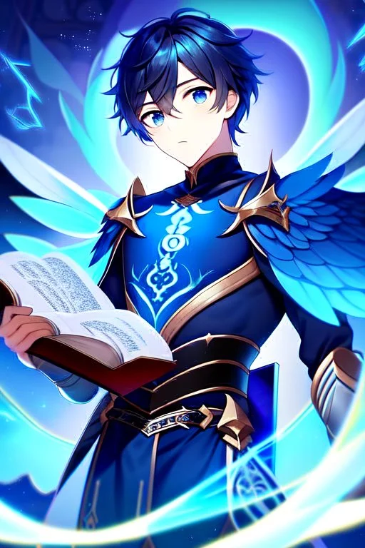 a person in runic armor with blue wings, blue short hair, runic tattoo and spell book, male