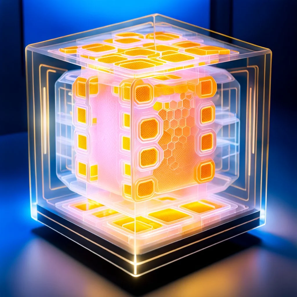 a futuristic translucent neurocube, inside the cube there are partitions made of honeycomb plates