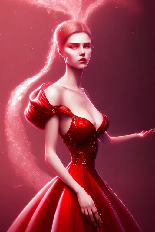 Adorable woman in red gown volumetric light ray in haze surrealism