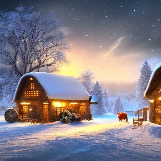 fantasy farming village winter night