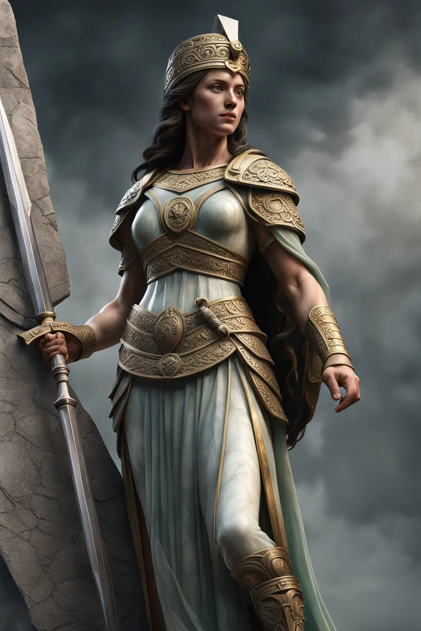 highly detailed marble and jade roman statue on a plint of a 18 year old woman in platemail and carrying a spear and a shield. long braided hair, full body shot, invisible gloves, , volumetric fog, Hyperrealism, breathtaking, ultra realistic, unreal engine, ultra detailed, cyber background, Hyperrealism, cinematic lighting, highly detailed, breathtaking, stunning temple environment