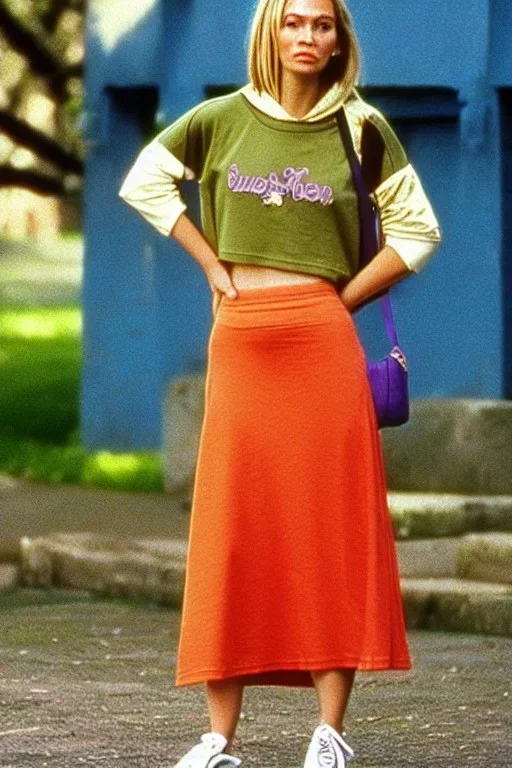 year 1996 fashion. Loose skirt, low waist. Combat t-shirt. Colors: denim blue, blue, purple, cream, khaki, light green, lilac, plum, orange, terracotta, red, light yellow, pink, dark blue, beige. Latex in small part. Sturnus vulgaris pattern prints.. bridget jones and jennifer lopez. Hoodie.