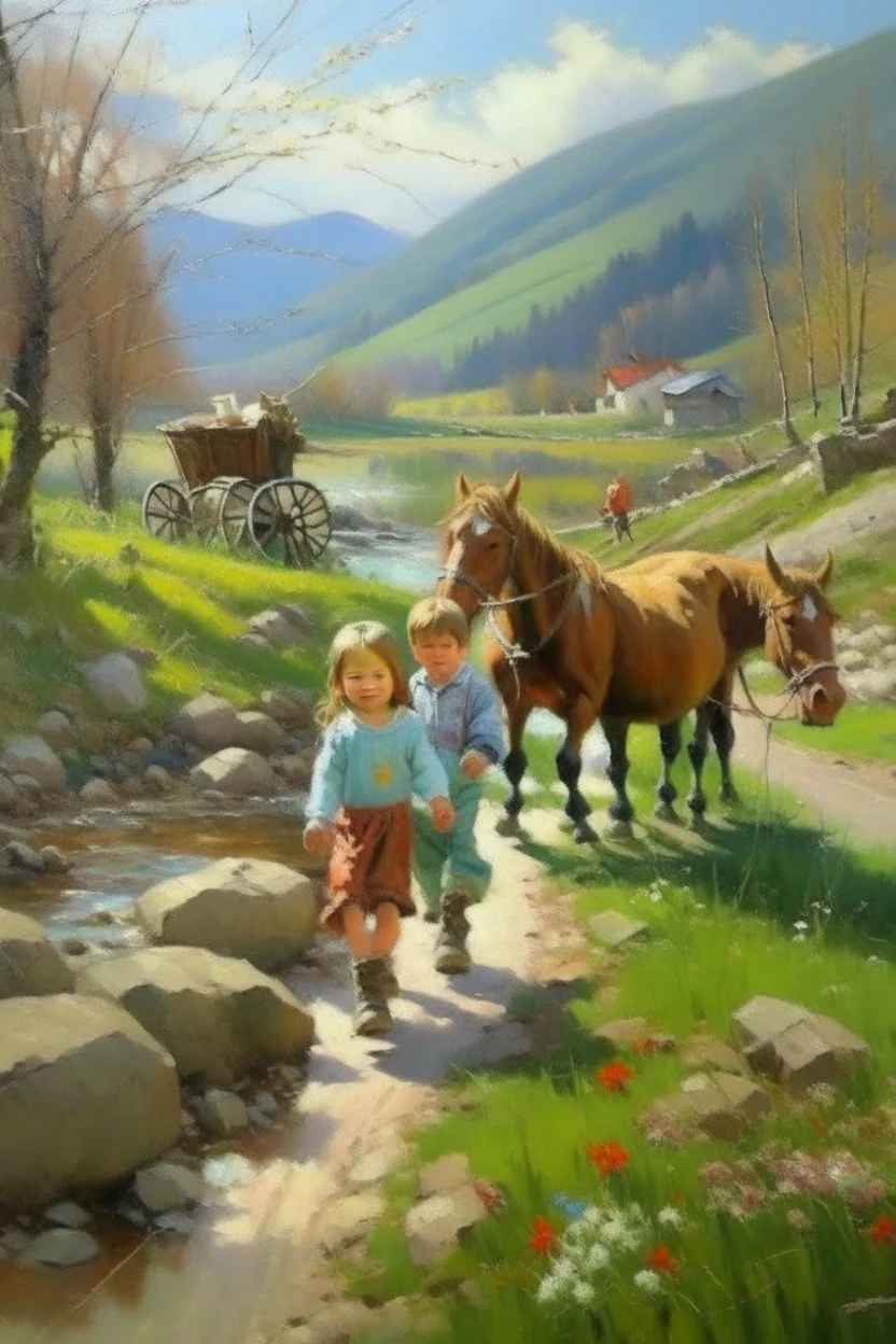 Spring in skåbu, sun, portrait of cute children walking in mountains by stream, horse, broken old tractor, prize winning oil painting