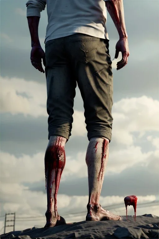 realistic image, joe biden zombie, arm cut and bleeding, amputated leg, night, walking with a limp, waist up view, dark ambient, highly detailed, sky background, concept art, unreal engine 5, god rays, ray tracing, RTX, lumen lighting, ultra detail, volumetric lighting, 3d, finely drawn, high definition, high resolution.