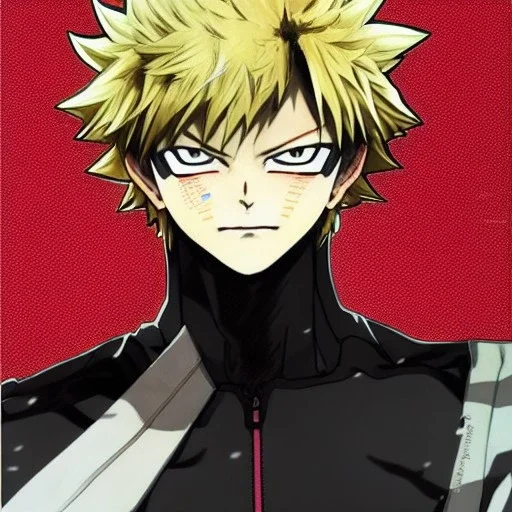 Detailed anime portrait of bakugo from my hero academia, gold hair and golden eyes, black suit, intricate details, full body portrait, keep head in frame, slight smile, black Japanese motif, concept art, highly detailed, digital painting, concept art, sharp focus, illustration, art by Yoji Shinkawa, WLOP and greg rutkowski and alphonse mucha and artgerm and yanjun Chen and Junji ito and Makoto Shinkai, HDR, octane render