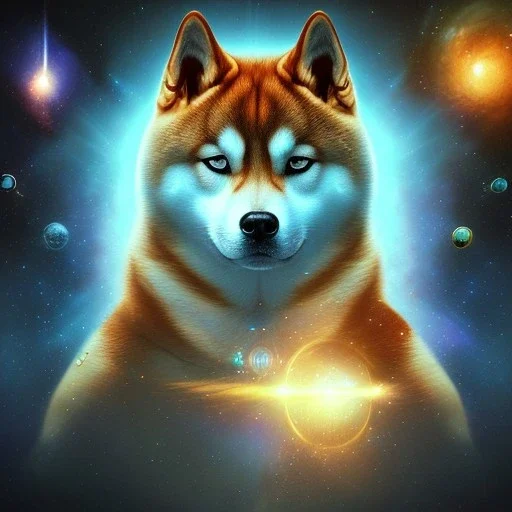 third eye, ascension, shiba inu doge, heaven glowing aura, Q anon, galaxy orbs, space cadet