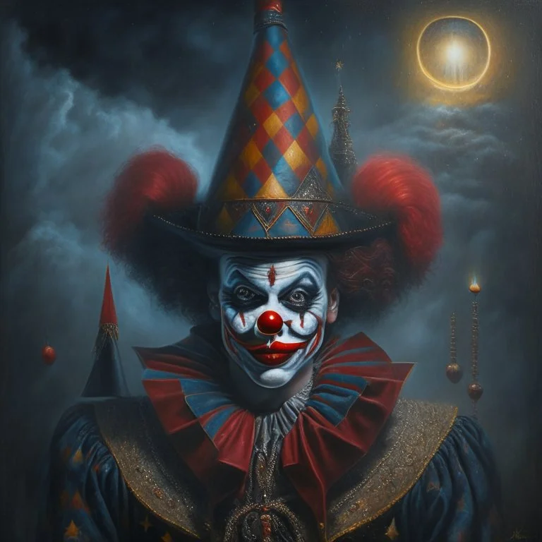 An oil painting of a dark universe masonic clown