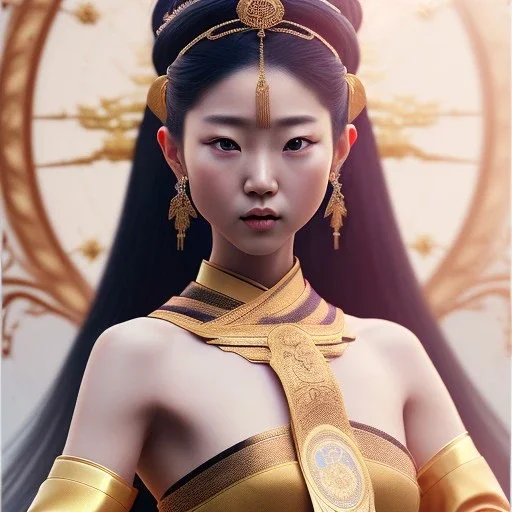 smooth hyper realistic, beautiful Japanese goddess, run on dark cosmos background, cat еye, extremely sharp detail, finely tuned detail, ultra high definition, 8 k, unreal engine 5, ultra sharp focus, accurate sword wings, positive smile, lot of details, fit within portrait, Ambiance winter, perfect composition, perfect hair, perfect hands, finger up gestures