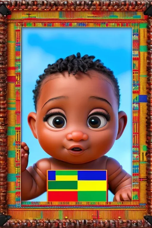 futuristic baby portrait in Kente, rusted clocks eyes, cinematic, scaffolding, ghana flag, african pattern symbols, engraved, 8k quality