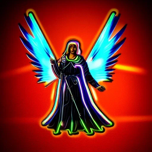 Archangel gabriel, in armor, neon lights at night, high contrast, 3d