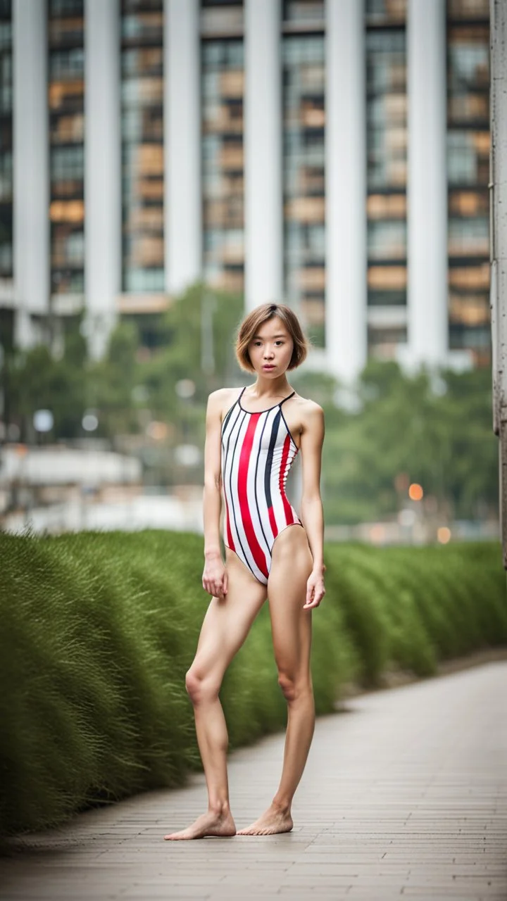 beautiful anorexic asian girl, total shot, shiny horizontally striped triathlon swimsuit, short blond wavy bob hair, blurred city background