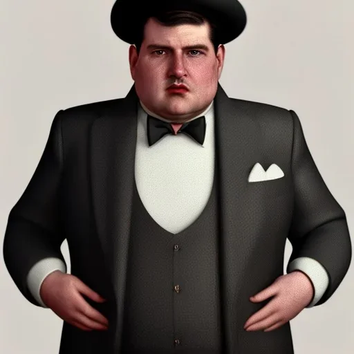 A portrait of a 1930s Italian-American businessman in his late 20s with a black bowler hat and a suit. He is obese