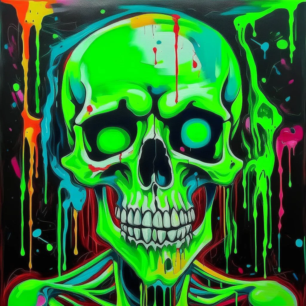 abstract acrylic paint of a skeleton with no arms, colorful scared eyes, neon green tears,