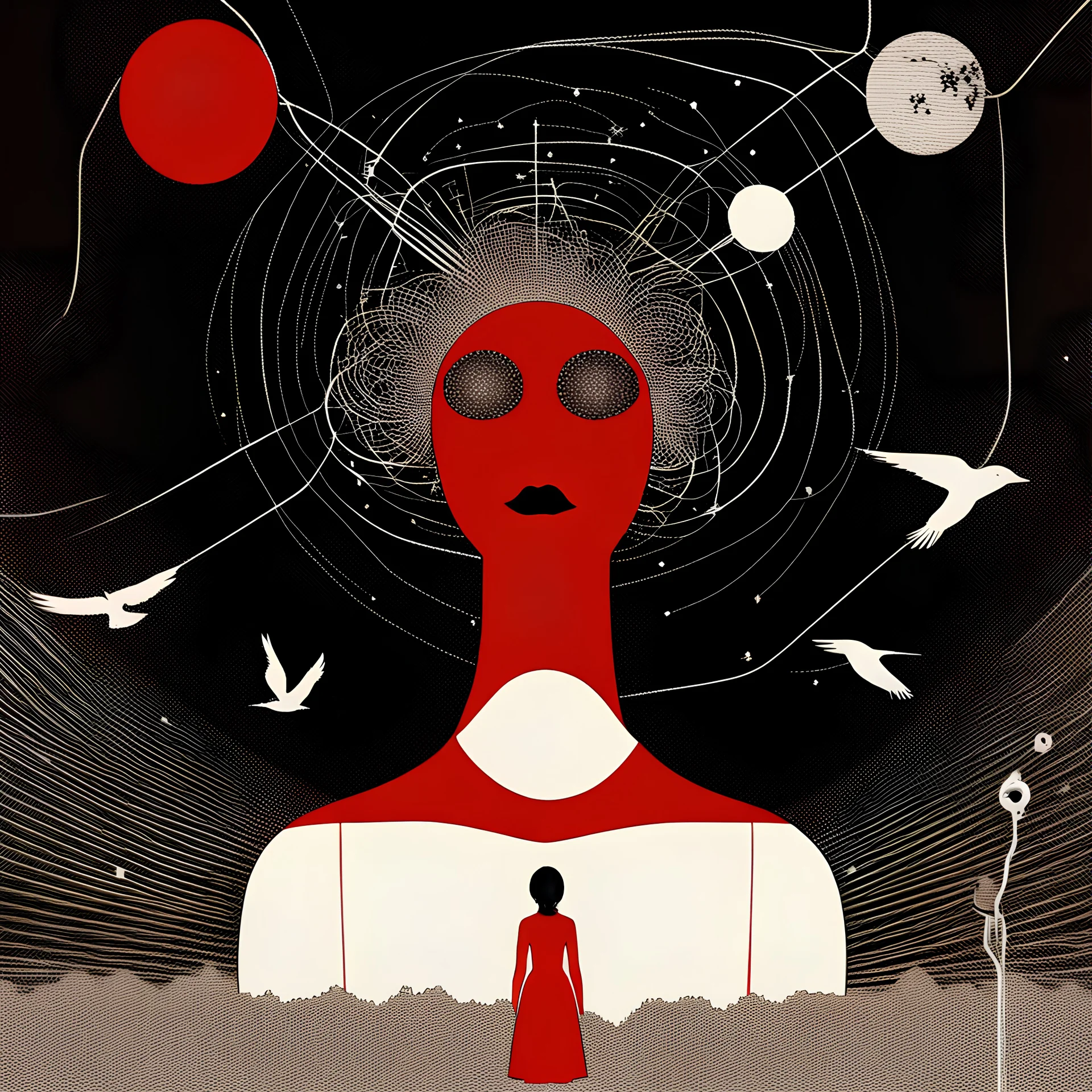 ASCII art styled post-punk album cover --q 2 --v 5;; a painting of a woman in a red dress and a bird, girl in space,neuron ;, inspired by Diane Dillon, inspired by Will Barnet, by Wilhelm Sasnal, female ascending into the sky, by Louisa Matthíasdóttir, grayscale phtoto with red dress, by Pál Balkay, inspired by Dorothea Tanning;