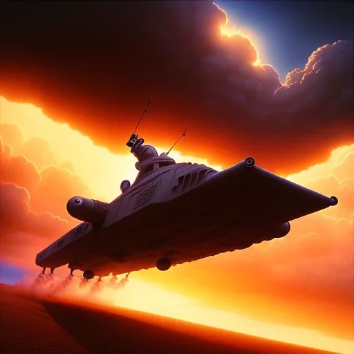 volumetric desert environment, Ralph McQuarrie style painting of an armored hovercraft with cannon, floating in the air, highly detailed, minutiae, clouds, storm, renderman, duststorm at sunrise,