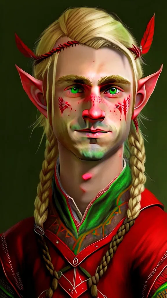 A young elf with blond hair in a single braid, green eyes and a small smile. He is dressed in an artist's costume mixing red and black as the main color.
