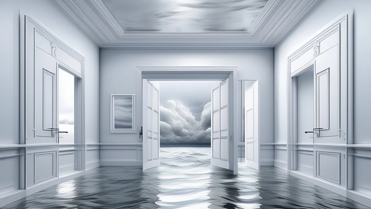 A minimalist white room with sleek, futuristic doors leading to different historical eras, the ceiling an inverted ocean reflecting a stormy sky, waves crashing above, creating a dramatic contrast.
