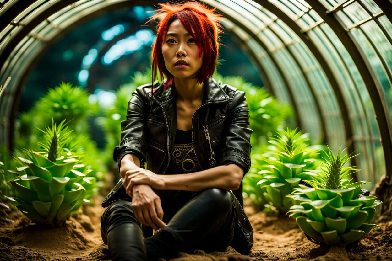 Unground solar punk tunnels, cinematic, dof background a, dystopian, sci-fi, award winning, Yui in a garden, National Geographic, breath taking, oxygen farm but outside is a desert