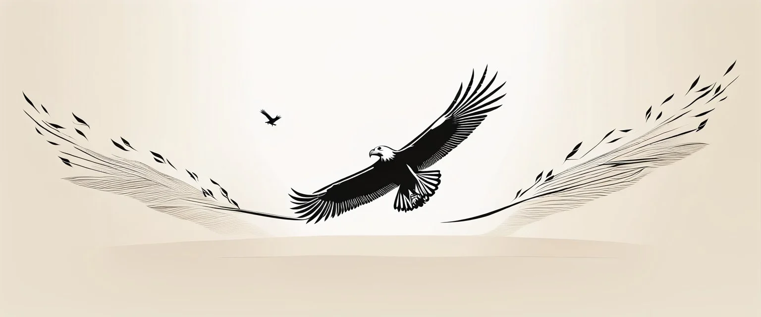 2 birds being chased through the air by an eagle, they each trail a graphic line behind them, and lost feathers, vector