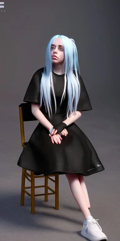 Billie Eilish, sitting on a chair, Black Short Dress, high detail, realistic