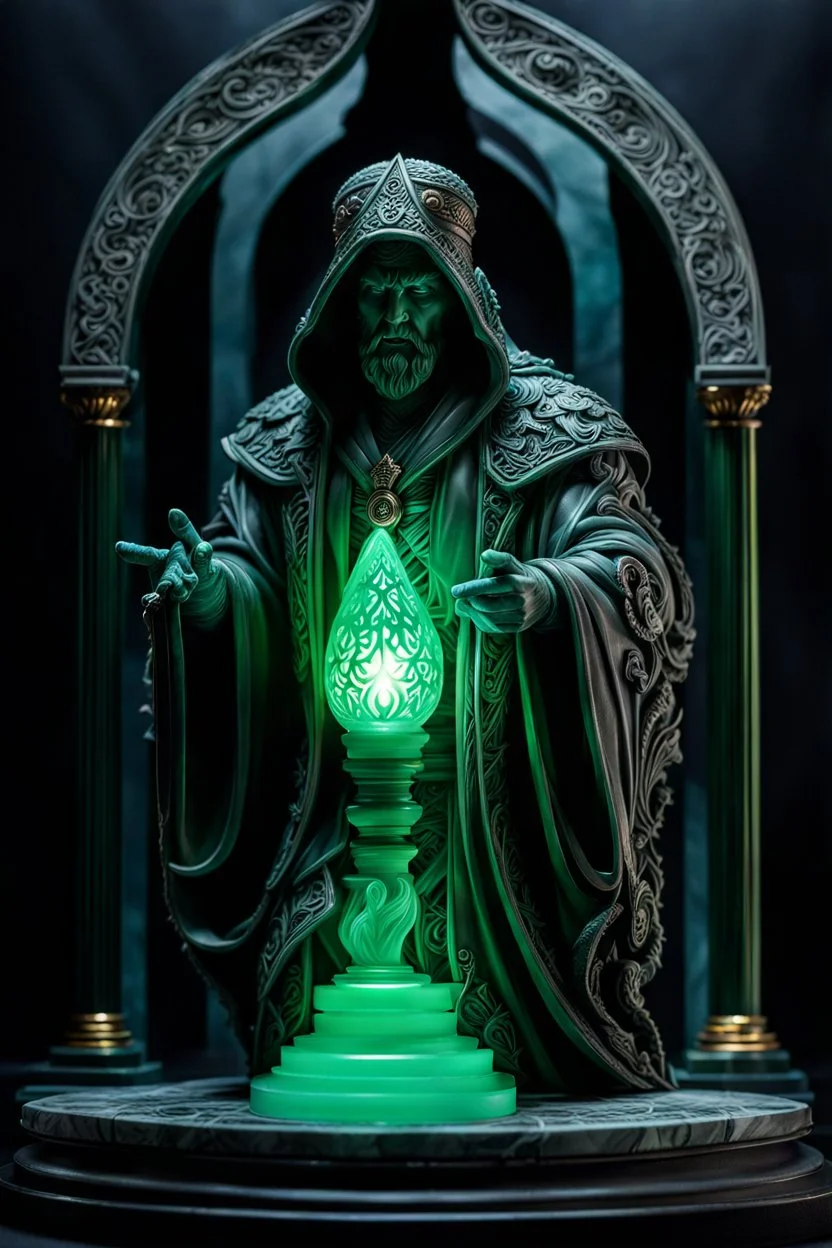 highly detailed marble and jade sculpture of a male necromancer, transparent nail polish, beautiful hands, stunning face, volumetric fog, stunning environment, Mark Brooks and Dan Mumford, comic book art, perfect, smooth