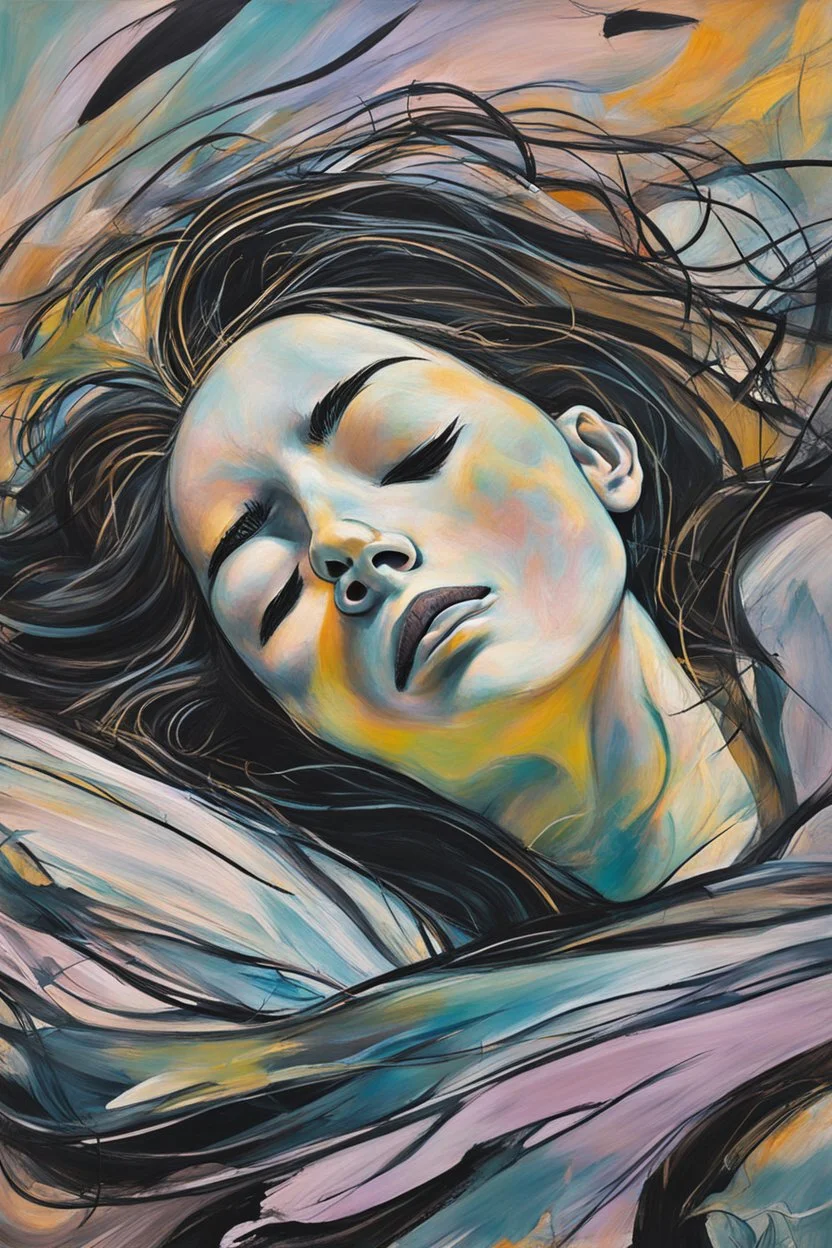 create a wildly imaginative, figurative, gestural, and chaotic abstract expressionist painting of a sleeping woman in REM sleep , with highly detailed facial features in the style of Sigmar Polke, sharply defined, boldly lined, in muted dark pastel colors