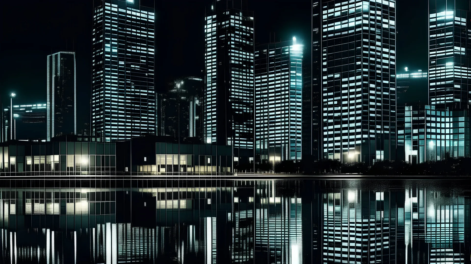 Modern scyscrapers in the night reflecting in still water