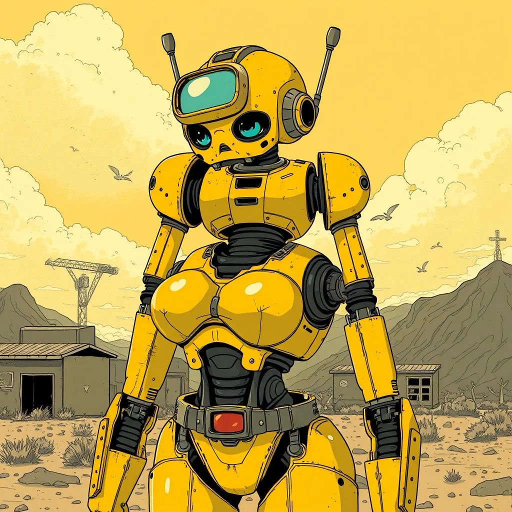 a feminine robot, yellow, post apocalyptic, fallout, vintage anime