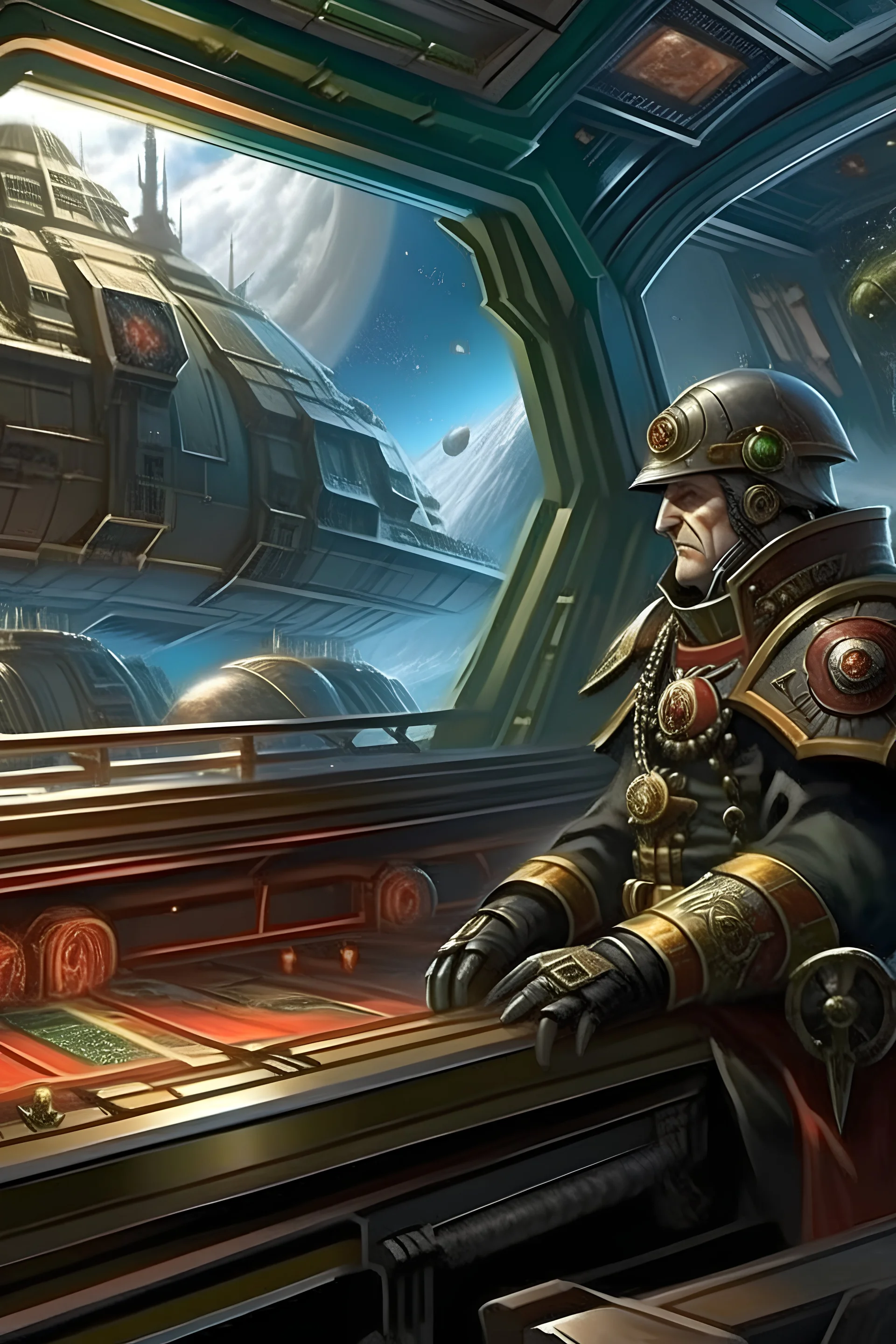 imperium captain watching a planet being Exterminatus by imperial ship, viewing deck inside imperial cruiser, warhammer 40k