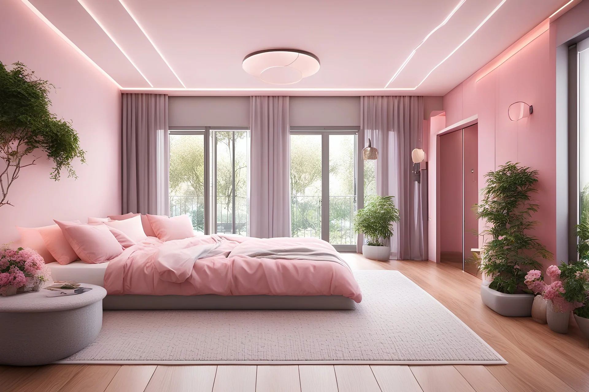 Realistic, detailed, interior bedroom, modern, pastel pink walls, The door leading to the balcony has many small leafy trees, flower pots on the floor and flower pots hanging on the balcony, divided white ceiling, warm LED lights, rose ceiling lights,white pillows, gray pillows, pink pillows, cream-colored rugs, staggered wooden floor 800x150, minimalism style white ceiling, white fence, glass door and window, white metal gate, pink and peach color scheme,, tropical garden, tropical , orange fl