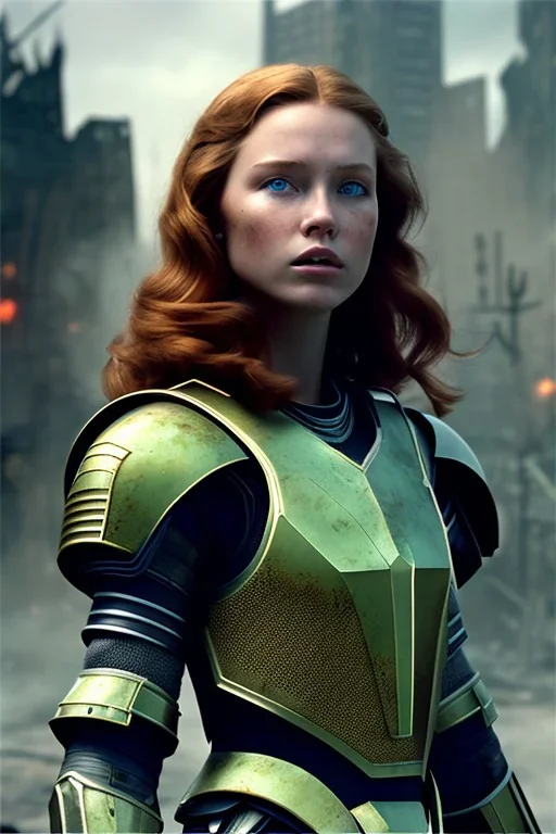 ultrarealistic, ruined city,__skimpy sci-fi armor__, __angles__, 19 year old woman, strikingly beautiful, ginger hair, green eyes, [__starlets__|__starlets__], (pale __skincolor__ skin:1.2), __camera__ __hair__, detailed face and eyes, c-cup breasts, leather choker, freckles, dynamic pose, resolved expression, __accessory__, strappy outfit, (straps:1.1), sword in scabard on left hip, (buckles, buttons, snaps, rings:1.0), halter style breastplate, detailed eyes, plump lips, fantasy theme