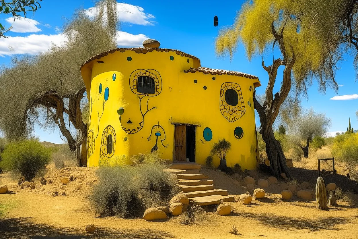 A yellow burg with olive trees in daylight designed in native American petroglyphs painted by Wassily Kandinsky