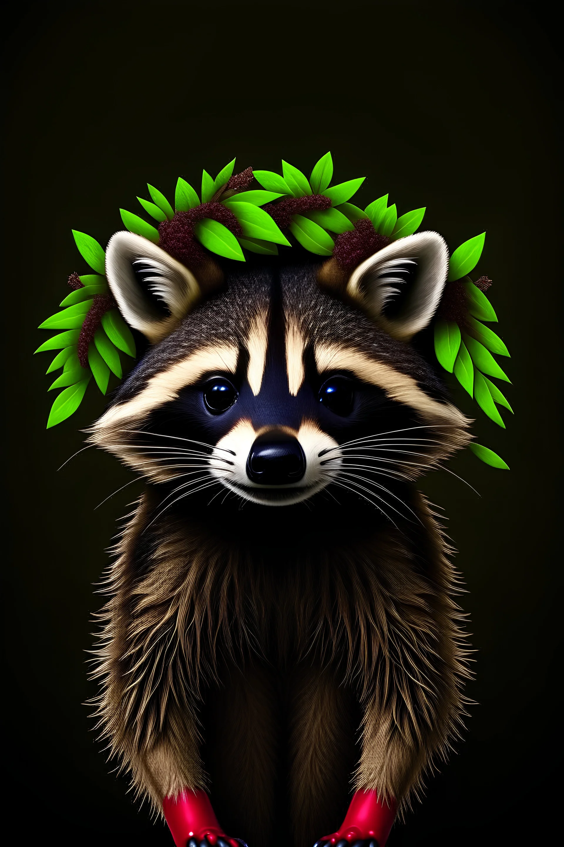 Retrato de um racoon em estilo clássico com uma coroa de flores