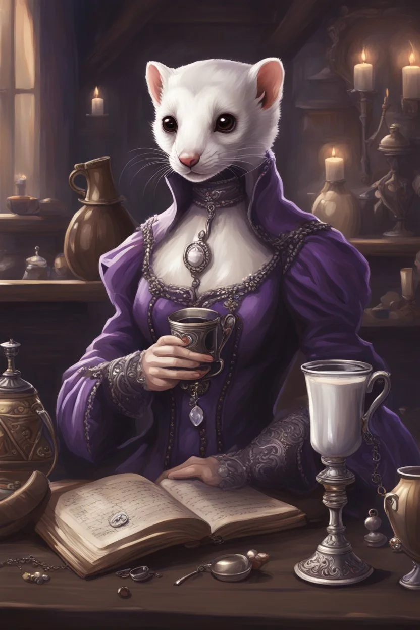 (anthropomorphic white ferret girl),dressed in cleric black and purple clothes with silver holy ornaments, realistic anatomy, fantasy tavern on background, mage and holy symbols around, serious face, hold cup of coffe, tired