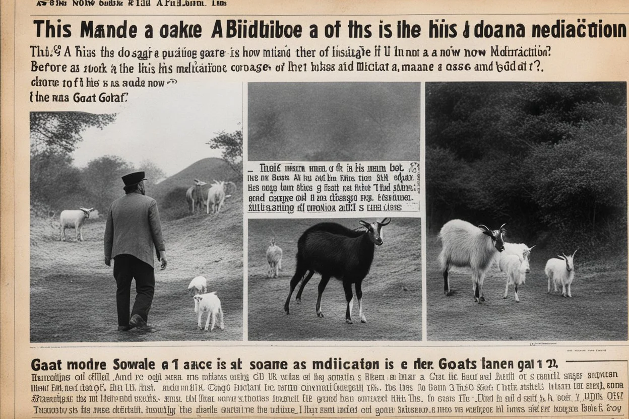newspaper front page: title is "This man made a mistake in the dosage of his medication and is now a goat." the caption of the photo "Before (as a man) and After (same as a goat)" they look so similar