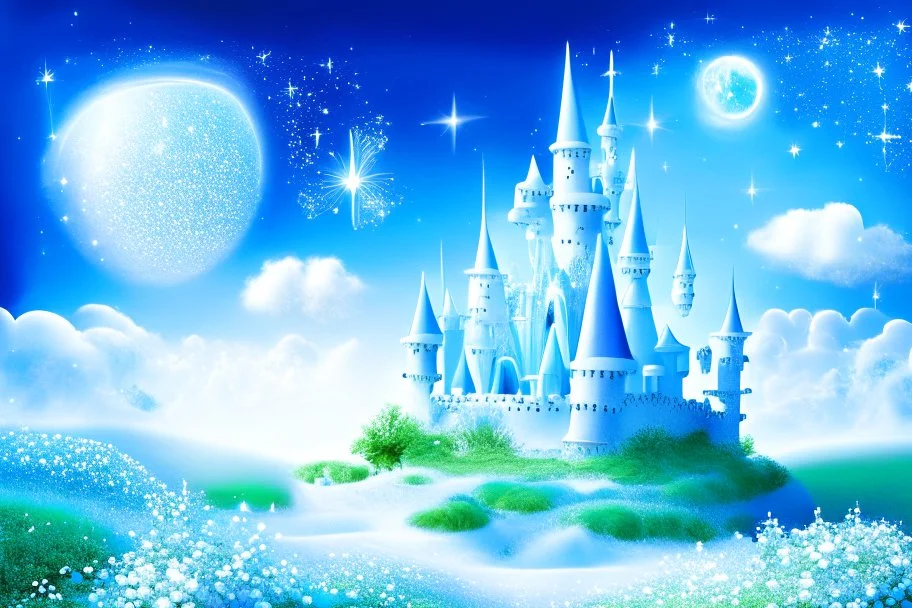 fairy and cosmic landscape with blue grass, magic plants, sky with light and stars. fairy white castle with diamond