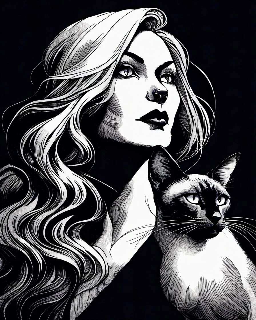PROMPT: Monochrome ink illustration of a mature woman with long silver hair, eyes gazing upward, lips parted in thought, a Oriental shorthair Siamese cat draped on shoulder, staring sideways with sly expression. Deep shadows emphasize contours and texture. Bold hand-drawn lines, scratched ink details, black background creates isolation. Gothic comic aesthetic, vintage pulp tone, emotional stillness, surreal tension, expressive portrait in graphic noir style