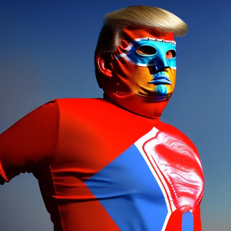 realistic image of donald trump as a mexican wrestling fighter posing, Mexican eyes wrestling mask, red and blue mesh bodysuit, retro style, 80s, vibrant color, highly detailed, sky background, concept art, unreal engine 5, god rays, ray tracing, RTX, lumen lighting, ultra detail, volumetric lighting, 3d, finely drawn, high definition, high resolution.