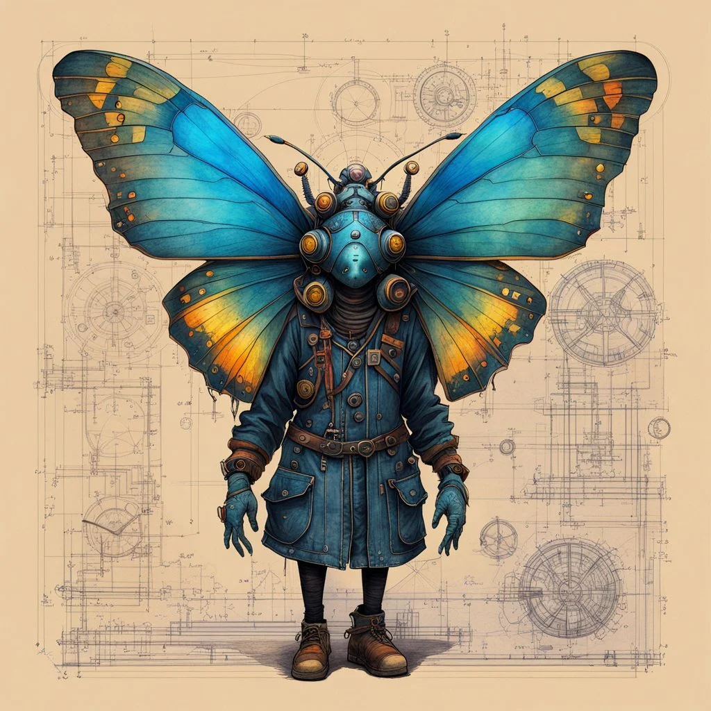 Jean-Baptiste Monge style hand drawn technical,full body portrait illustration , with detailed blueprints and engineering schematics of a walking hybrid Madagascan sunset moth insect girl, with highly detailed facial features, drawings, and technical notation, 8k, vibrant natural colors