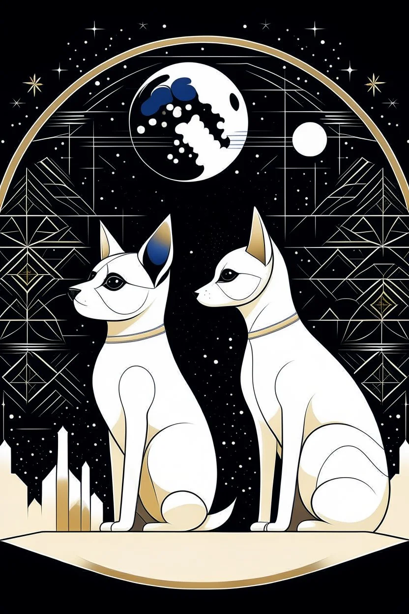 A sleek Siamese cat and a corgi dog sitting side-by-side, gazing out at a starry night sky with a sense of wonder. Style: Art Deco, with geometric shapes and metallic accents. Mood: Dreamy and peaceful. Lighting: Cool moonlight and twinkling stars. T-shirt design graphic, vector, contour, white background.