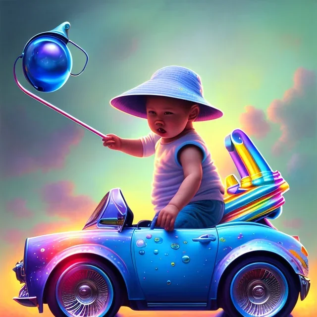 A one-year-old boy rides in the plastic funny toy-car on the middle of a busy street in new york. He has and a large-brimmed straw hat. somehow photographic bright colors and sunset, fantasy art, Anna Dittmann, digital painting, dan mumford, oil on canvas, jeff koons, akihito yoshida, wlop, kodachrome,