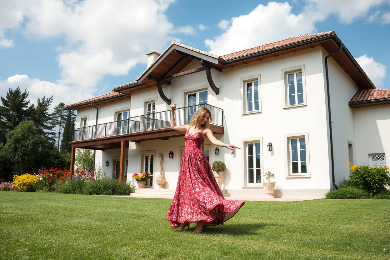 full body close up shot ,country side modern villa wide yard in front of villa ,a beautiful lady in nice long dress dancing in front of camera,flowers blue sky ,petty flophy clouds