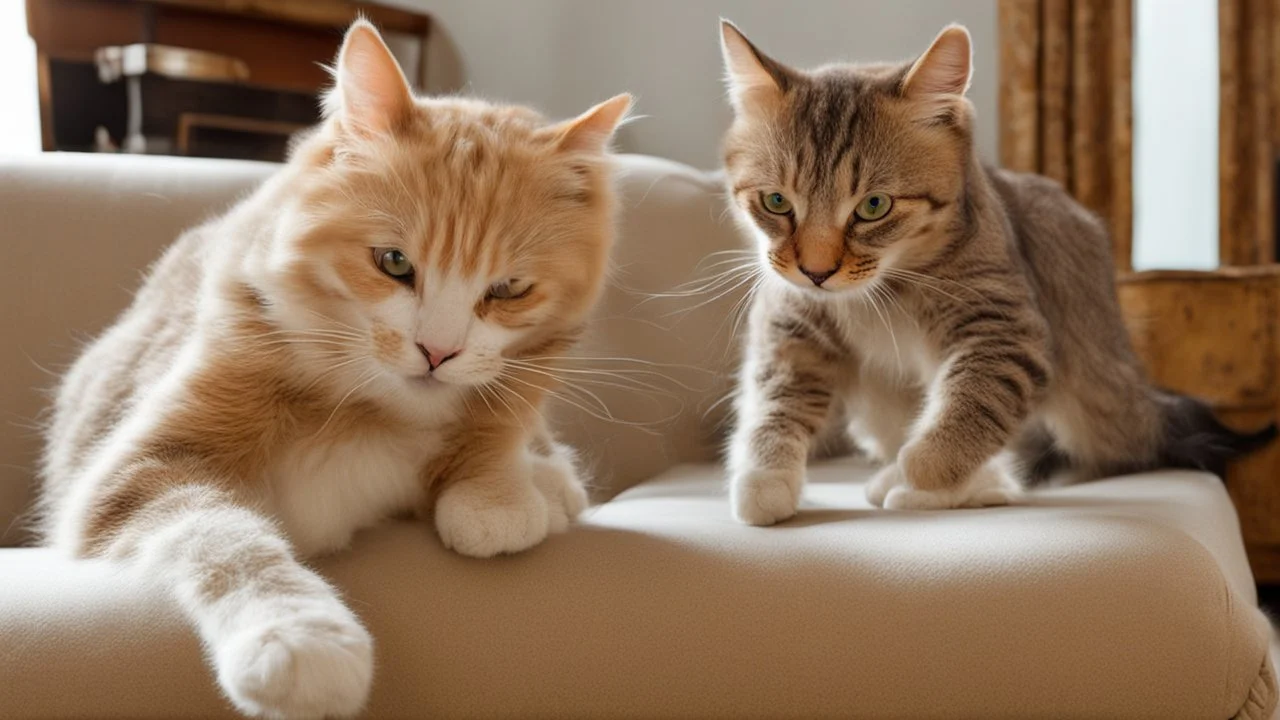 Two Funny cats on the sofa fighting