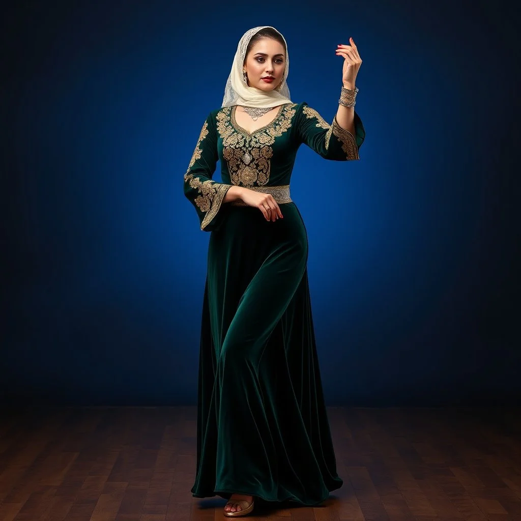 single women in elegant, long, flowing dress (possibly Azeri don or similar styled), made from rich fabrics like velvet or silk, adorned with intricate gold or silver embroidery, particularly on the bodice and sleeves. she wear delicate, often lace headscarves (kelaghayi) covering their hair, and traditional Azerbaijani jewelry (layered necklaces, large earrings, intricate wsilver belts with coin motifs). with dance shoes Their movements are graceful, fluid, and expressive, with elegant arm gest