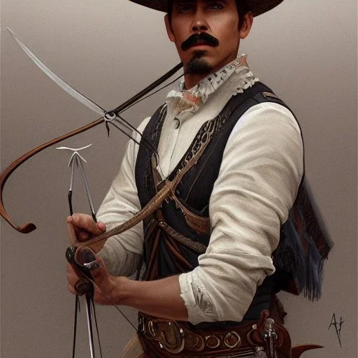 portrait,"Insanely detailed photograph of a male western mustachioed crossbowman", detailed charro, sequenced Sombrero, detailed held dagger, digital painting, artstation, concept art, sharp focus, illustration, art by artgerm and greg rutkowski and alphonse mucha, 8 k,fantasy, unreal engine